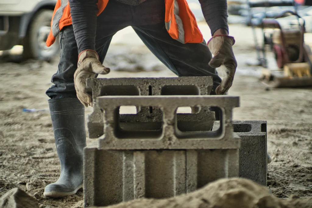 Worker in a safety vest repairing damaged concrete for a Local Law 126 parking garage repair in NYC